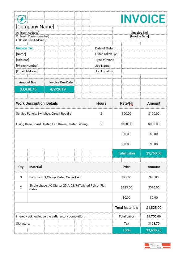 Electrical Work Order Invoice Template PSD template